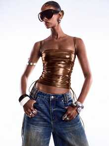 LYSMO Women's Metallic Texture Drawstring Tie Sexy Top - Brown - View 4
