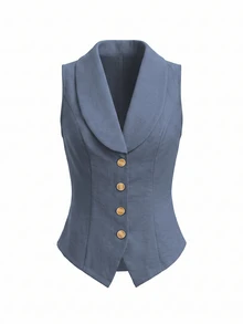 LUMIGAL Women's Sleeveless Cropped Shirt With Collar, Metal Single-Breasted Buttons, Waist-Cinching Slim Fit - Medium Wash - View 5