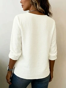 INAWLY Women's V-Neck Long Sleeve Casual Button Hem Top - Beige - View 2