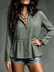 Trelyra Women's Fashion Casual Button Lace Patchwork Daily Shirt - Dark Grey - View 4