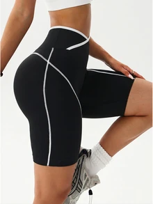 Dewbera Dewbera 1pc Women's Seamless Contrast Color Criss-Cross Waist Slimming Street Outdoor Training Cycling Base Layer Running Yoga 5-Inch Sports Shorts - Black and White - View 4