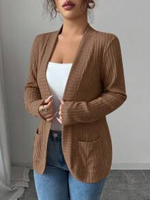 SHEIN PETITE 女款休閒羅紋刷毛開襟側口袋短版薄款夾克 - 卡其色 - 查看 5