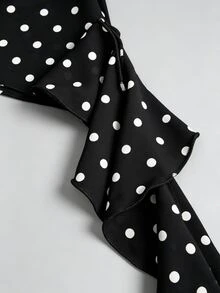 Sweetra New Summer French Fashion Polka Dot Elegant Commute Office Wear Versatile Ruffle Hem Ribbon Apricot Blouse - Black - View 4