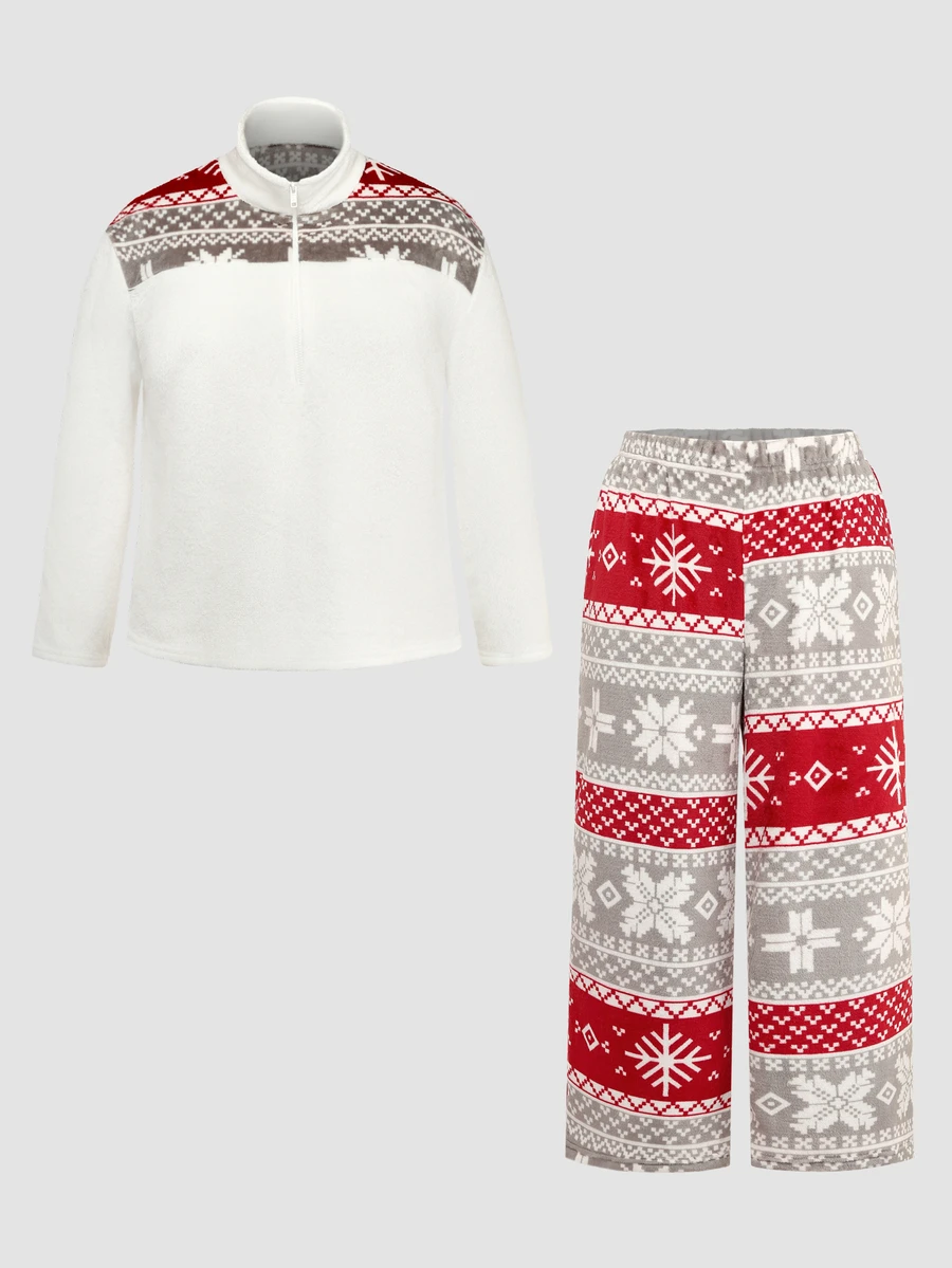 Chillnights Plus Size Women's Christmas Snowflake Random Color Block Plush Long Sleeve Crew Neck Pajama Set - Multicolor - View 1