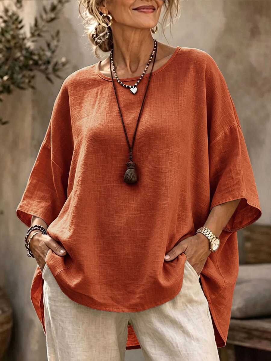 EMERY ROSE Women's Loose Solid Color Minimalist Elegant Casual Versatile Short Sleeve Round Neck Blouse Top - Orange - View 1