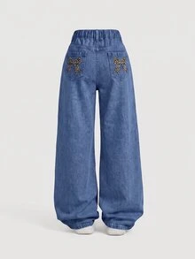 SHEIN 少女豹紋蝴蝶結口袋寬腿休閒牛仔褲 - 中等水洗藍 - 查看 4
