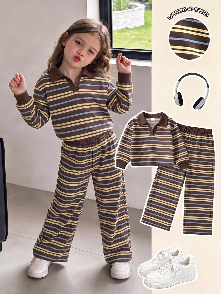 Young Girl 2 Pieces Set Fashion Casual Colorful Striped Print Contrast Color Lapel V-Neck Long Sleeve Sweatshirt And Contrast Striped Print Wide Leg Pants Set, Soft Fabric Suitable For Outings In Autumn/Winter - Multicolor - View 1