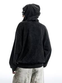 LYSMO Women's Solid Color Drop Shoulder Long Sleeve Zip-Up Casual Pocket Hooded Sweatshirt - Black - View 2