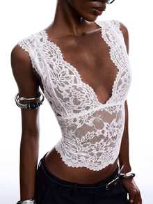 LYSMO Women's Casual Comfortable White Lace V-Neck Fitted Tank Top - White - View 6