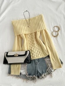 Elamini Women's Autumn/Winter Off-Shoulder Striped Cable Knit Large Collar Slim Fit Versatile Sweet Vibe Knit Sweater - Light Yellow - View 4