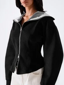 LYSMO Women's Street Fashion Lace Patchwork Zipper Jacket - Black - View 5