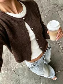 Autumina Vintage Women's Knitted Cardigan, Solid Color Single-Breasted Jacket, Spring/Autumn Fashion Outerwear, Layering Top - Brown - View 1
