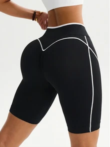 Dewbera Dewbera 1pc Women's Seamless Contrast Color Criss-Cross Waist Slimming Street Outdoor Training Cycling Base Layer Running Yoga 5-Inch Sports Shorts - Black and White - View 2