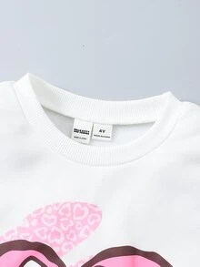 HELLO KITTY AND FRIENDS | SHEIN 1套女童主題愛心蝴蝶結圓領抓絨衛衣＋滿版印花喇叭褲，春秋室內/戶外穿搭套裝 - 彩色 - 查看 4