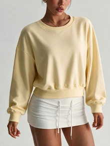 Dewbera Dewbera Women's Solid Color Round Neck Drop Shoulder Long Sleeve Sports Casual Cropped Sweatshirt - Yellow - View 4