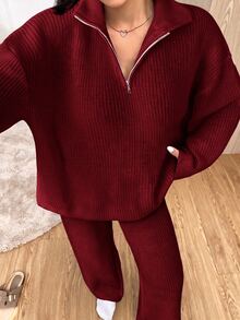 SHEIN EZwear Women's Casual Comfortable Burgundy Half-Open Cardigan Sweater & Solid Color Pants Two Pieces Set, Autumn/Winter - Burgundy - View 5