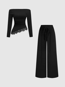 Sweetra Asymmetric Shoulder Short Sleeve T-Shirt Slimming Lace Patchwork Design Top Versatile Casual Slimming Long Pants - Black - View 3