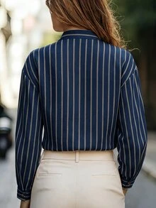 Balvessa Women's Striped V-Neck Long Sleeve Casual Commute Shirt - Blue - View 2