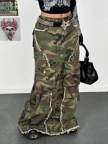 StreetHx Plus Size Women's Camouflage Cargo Pocket Frayed Hem Extra Long Denim Skirt - Multicolor - View 7