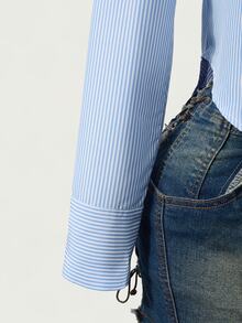 Mistrie Women's Striped Letter Print Long Sleeve Slim Fit Shirt - Blue and White - View 8