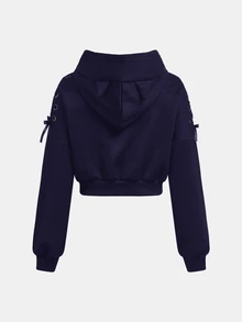 SHEIN Girlism 兒童青少年女孩秋冬萬聖節時尚街頭風黑色貓耳連帽長袖抽繩套頭運動衫 - 藍色 - 查看 2