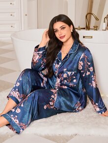 MuseNap CURVE Autumn/Winter Floral Print Satin Patch Pocket Trim Front Button Long Sleeve Pants Women Plus Size Pajama Set Loungewear Set - Blue - View 7
