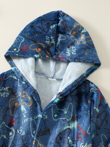 SHEIN KidsYoung Boy Game Console Pattern Fleece Lined Thick Hooded Long Sleeve Drawstring Robe Young Boy Loungewear Bathrobe - Multicolor - View 7