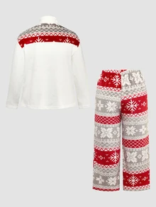 Chillnights Plus Size Women's Christmas Snowflake Random Color Block Plush Long Sleeve Crew Neck Pajama Set - Multicolor - View 2