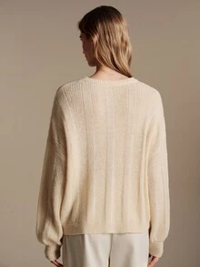 Anewsta Essential Autumn/Winter Soft Nordic Round Neck Drop Shoulder Loose Beige Fuzzy Knit Sweater - White - View 7