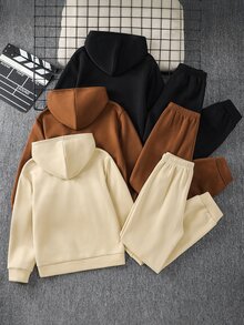 SHEIN 6件組 青少年男孩休閒寬鬆字母圖案圓領連帽長袖上衣與運動長褲套裝，2件式穿搭，多件裝，適合通勤、上學、日常休閒、外出、運動，秋冬返校季 - 彩色 - 查看 3
