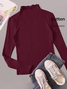SHEIN EZwear 酒紅色羅紋針織大尺碼女款小立領T恤 - 酒紅色 - 查看 6