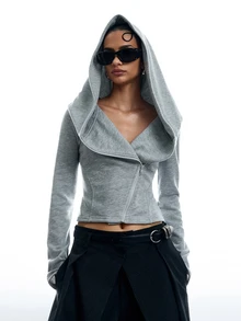 LYSMO Women's Street Style Sexy Zipper Cropped Sweatshirt - Light Grey - View 4