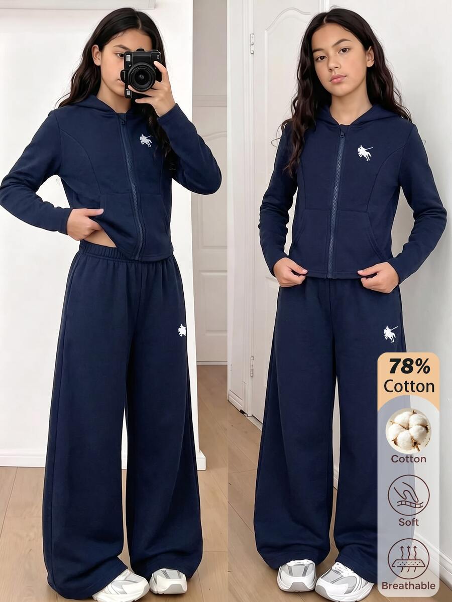 SHEIN Girls' Casual Fashion Knit Solid Color Front Graphic Print Double Pocket Long Sleeve Hooded Zip-Up Jacket And Solid Color Knit Graphic Print Pants Comfortable 2 Pieces Set - Navy Blue - View 1