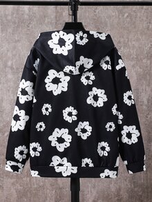 SHEIN 青少年男孩休閒街頭風花卉印花長袖衛衣，適合秋冬、學校、度假 - 黑色 - 查看 8