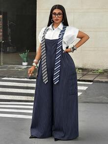 Maweii Plus Size Women's Striped Adjustable Eyelet Buckle Design Wide Leg Overalls - Navy Blue - View 4