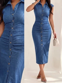 SHEIN PETITE 女款百褶休閒日常穿著夏季牛仔洋裝秋季女裝 - 中等水洗藍 - 查看 9