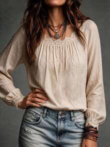 Breezaya Plus Size Women's Fashion Elegant Lace Patchwork Pleated Blouse - Apricot - View 4