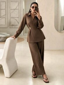Mulvari Women's Striped Long Sleeve Blouse With Metal Waist Decoration And Pants Elegant Two Pieces Set - Coffee Brown - View 2