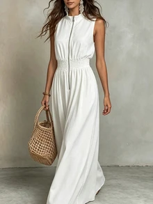 Glimmora Petite Women's Autumn Sleeveless Zipper Waist-Cinching Long Dress - White - View 4