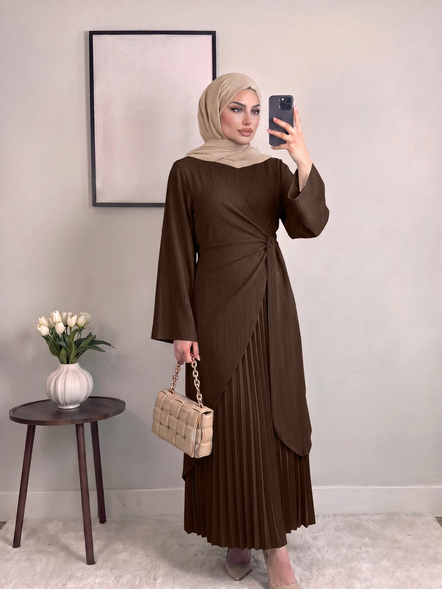 Celisse فستان طويل مطوي باللون الأخضر للنساء - بني - مشاهدة 1