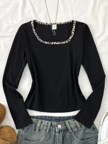 SHEIN Tween Girls Tween Girl Autumn/Winter Minimalist Leopard Print Colorblock Long Sleeve Top - Black - View 1