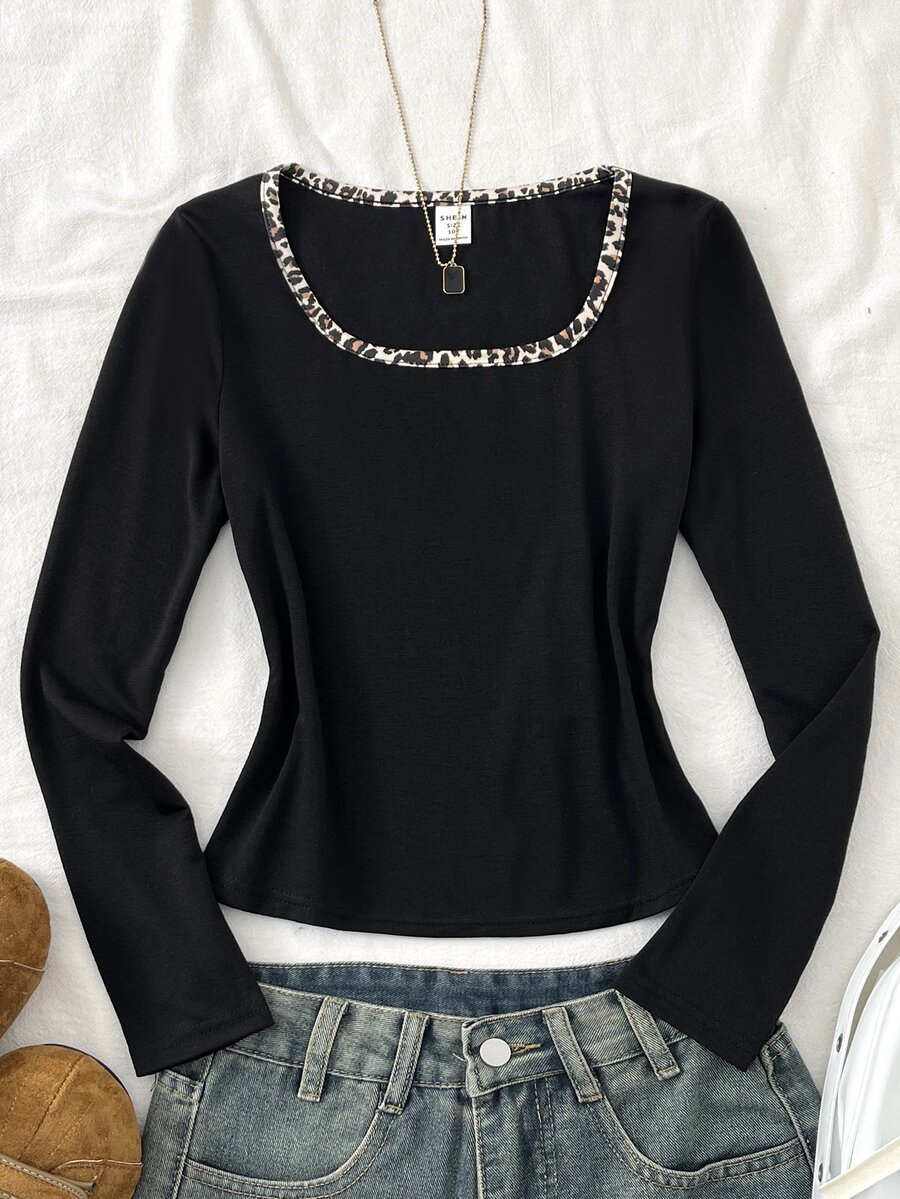 SHEIN Tween Girls Tween Girl Autumn/Winter Minimalist Leopard Print Colorblock Long Sleeve Top - Black - View 1