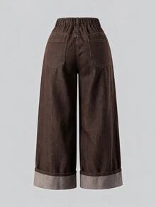 SHEIN MOD 大尺碼女款時尚街頭風鈕扣口袋寬鬆長褲 - 棕色 - 查看 6