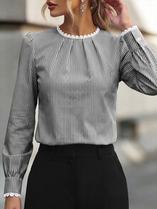 RosyDaze 女款優雅條紋領蕾絲拼接長袖襯衫，適合日常通勤、約會、居家穿著 - 黑色 - 查看 7