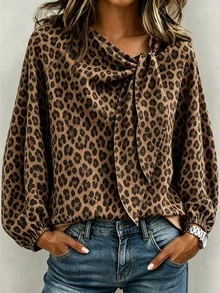 Balvessa Women's Leopard Print Knotted Neckline Long Sleeve Fashion Sweatshirt - Brown - View 1