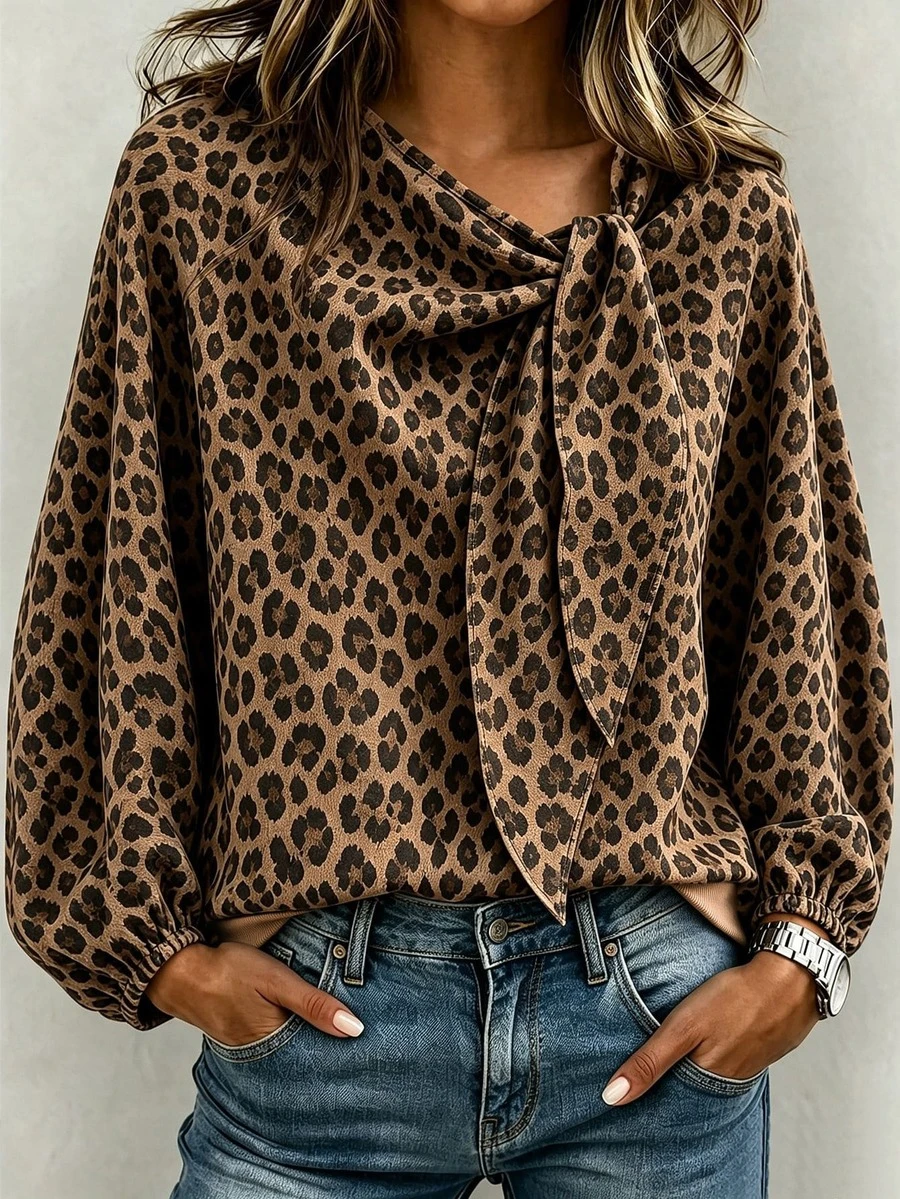 Balvessa Women's Leopard Print Knotted Neckline Long Sleeve Fashion Sweatshirt - Brown - View 1