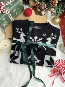 1pc Tween Girls Kids Toddler Casual Christmas Reindeer Snowflake Tree Knitted Long Sleeve Soft Thick Sweaters Pull Jumpers Fall Tops Holiday Fall Winter - Black - View 5