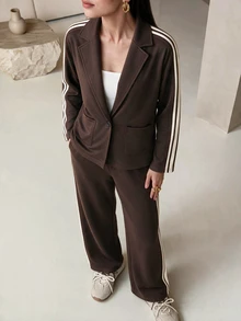 Mulvari Women's Casual Daily Commute Knit Blazer With Contrast Trim Pockets And Elastic Waist Loose Straight Leg Pants 2 Pieces Set, Autumn/Winter - Coffee Brown - View 4