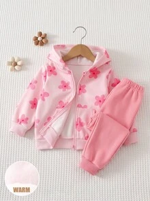 SHEIN 女嬰花卉拼色印花連帽前開襟斜口袋加厚抓絨外套與運動長褲休閒套裝，適合冬季 - 粉色 - 查看 4