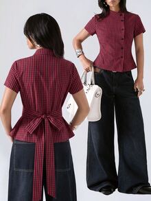 LYSMO Women's Plaid Casual Versatile Daily Wear Shirt - Red and Black - View 1